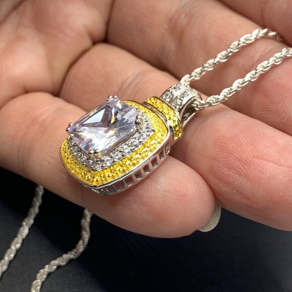 Solid 925 Sterling Silver 5CT Modified Square Cut CZ Pendant on 20" Rope Chain - Picture 3 of 14